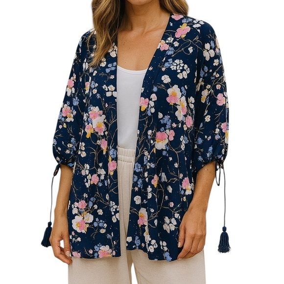 a.n.a. Medium Navy Blue Floral Kimono Cardigan w/ Tassels Elbow Length Sleeves - Picture 1 of 11